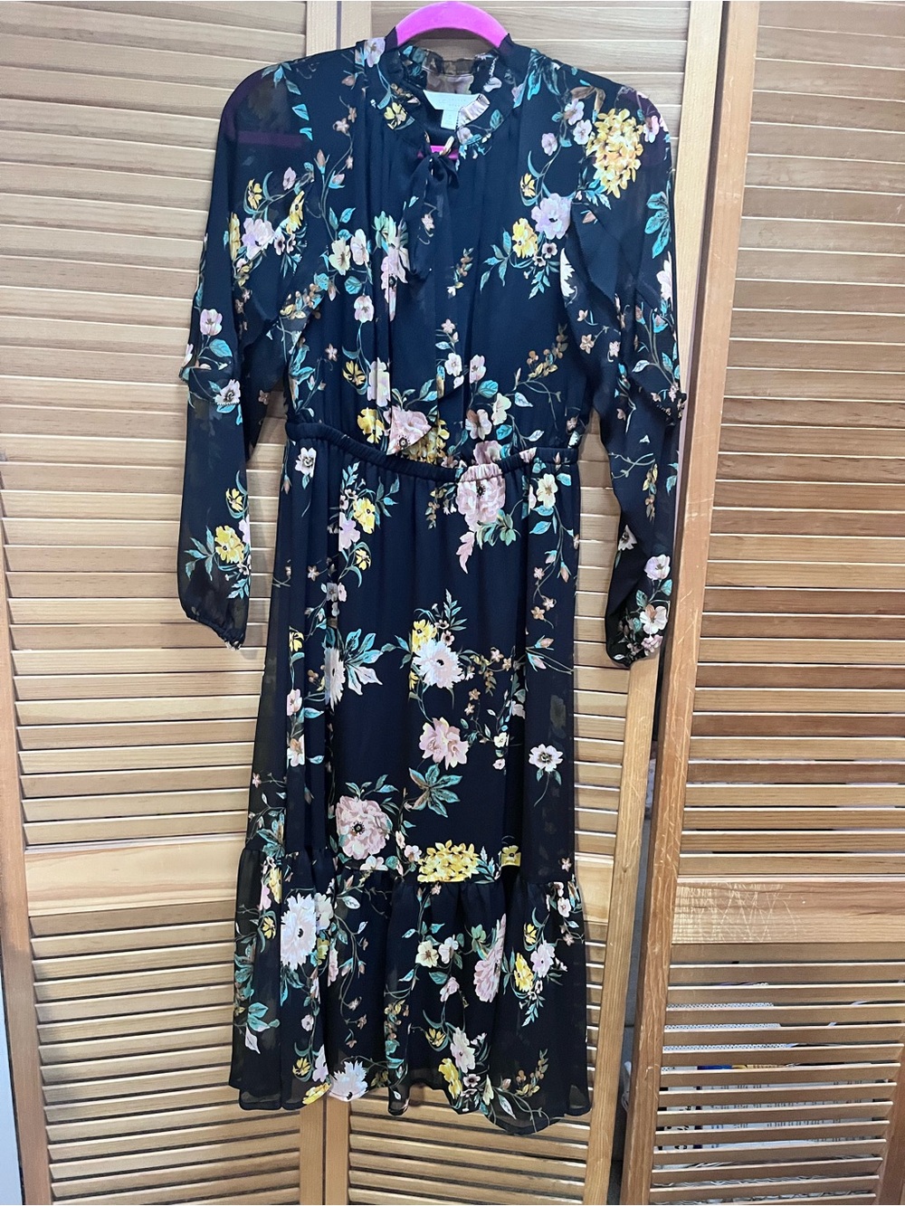 LC Lauren Conrad Black Floral Tiered Midi Dress with Tie Neck